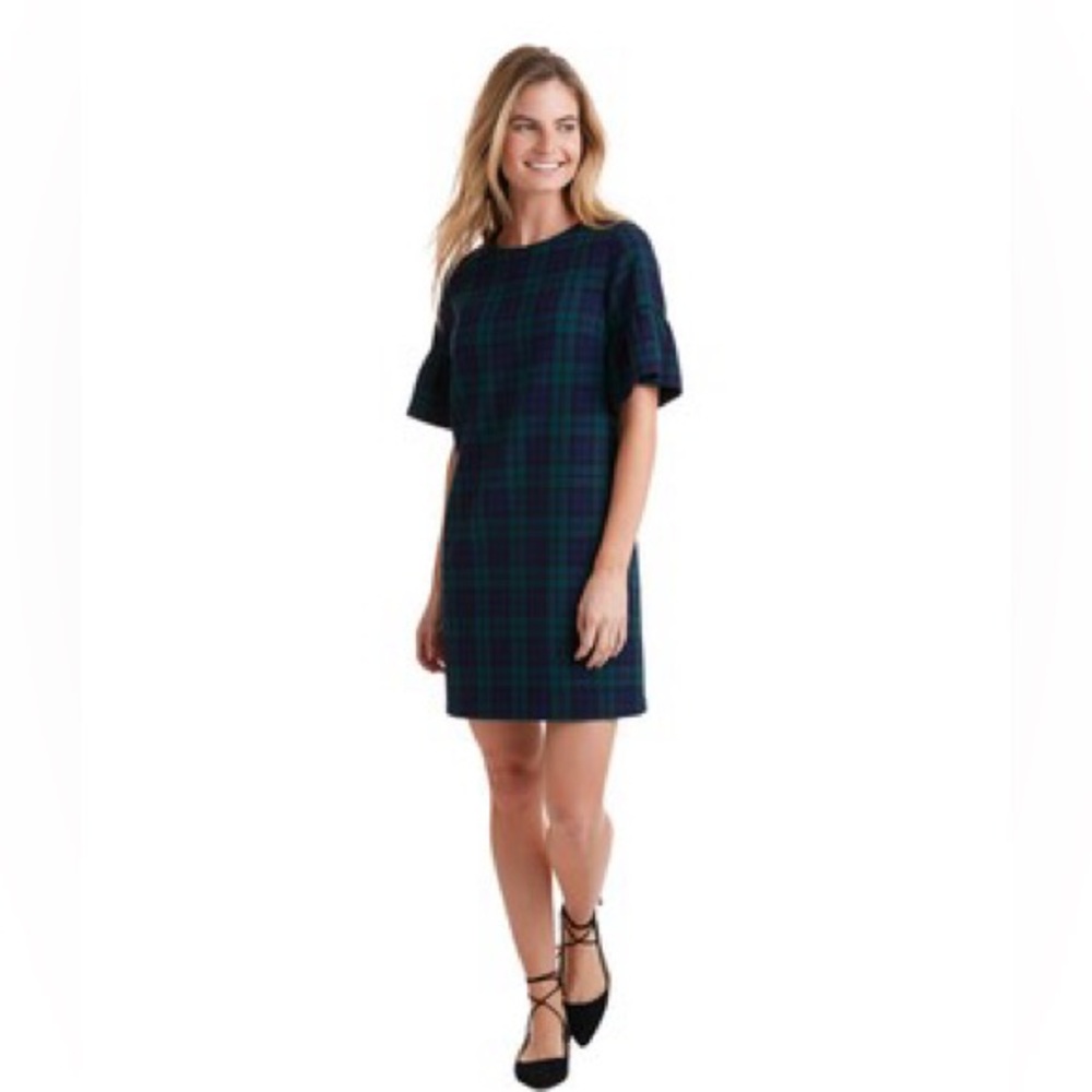 Vineyard Vines Plaid Shift Dress - Navy & Green Flutter Sleeve EUC Size 8